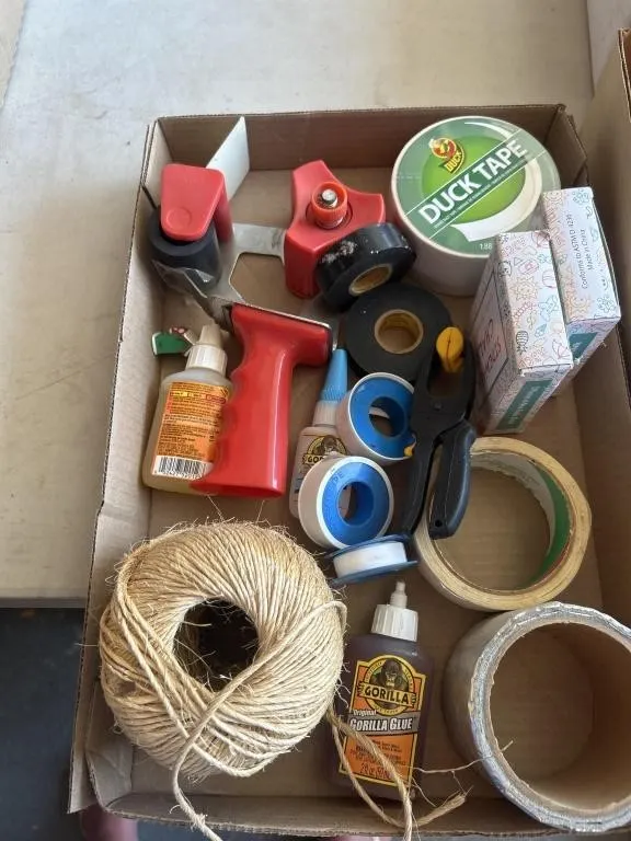 Tape, gorilla glue, chalk, electrical tape twine