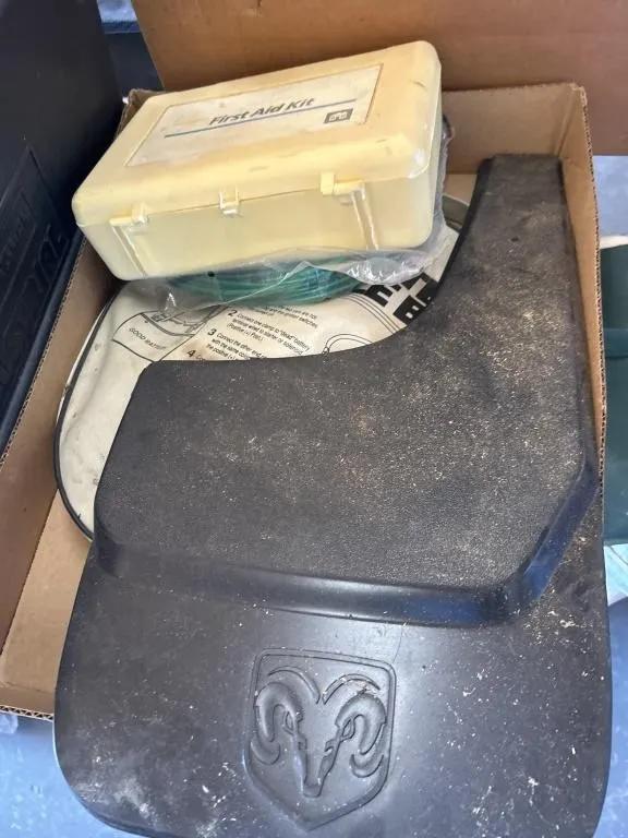 Jumper cables, vinyl coated, wires, first aid kit