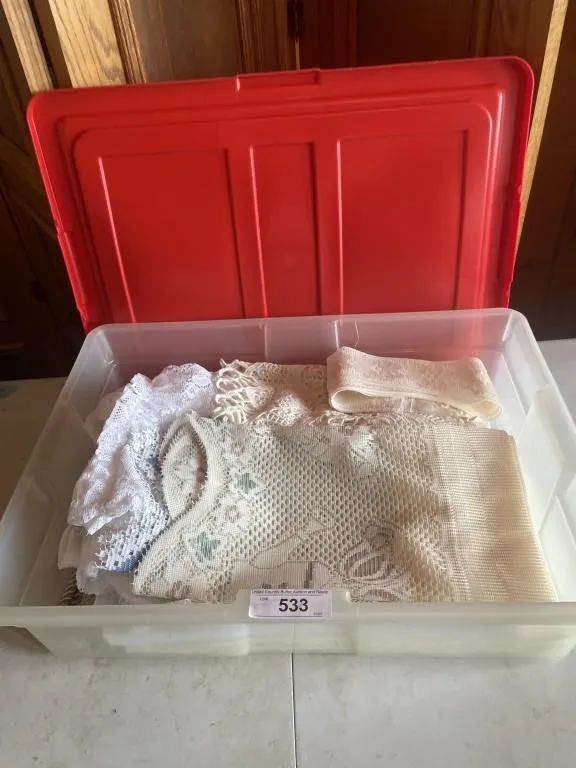 Doilies, runners, table cloths, plastic tote