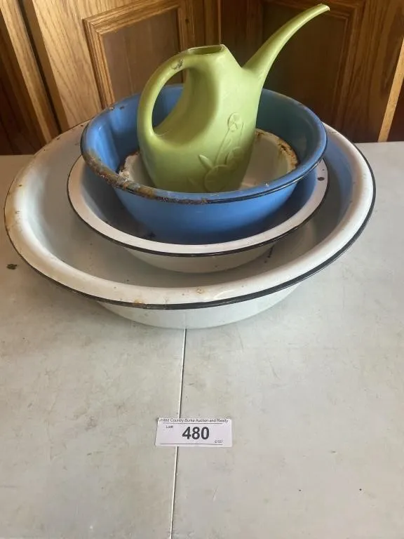 Enamelware bowls, watering can