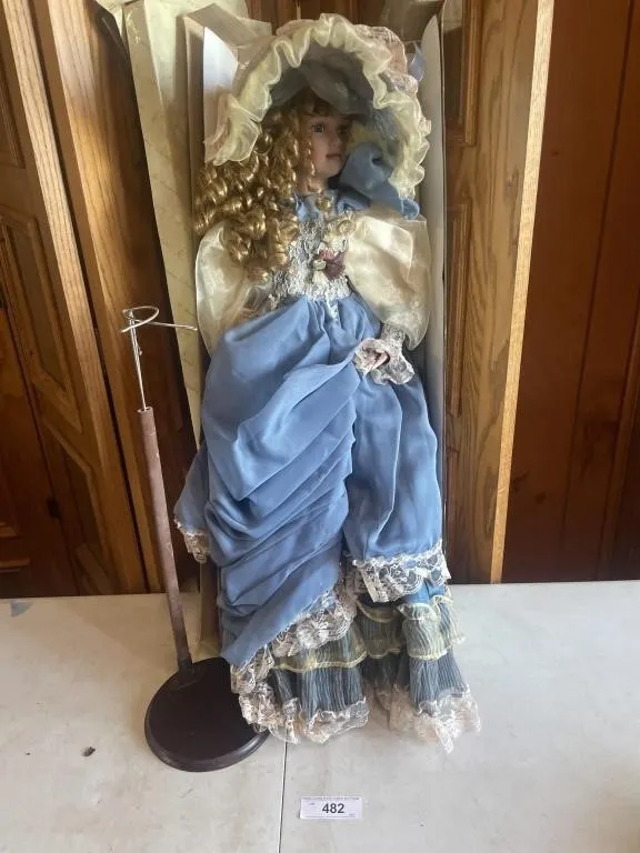 Porcelain doll Victorian attire with stand
