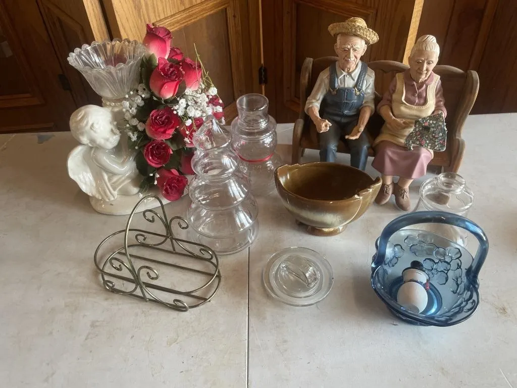 Figurines, glass candy dishes, Frankoma bowl