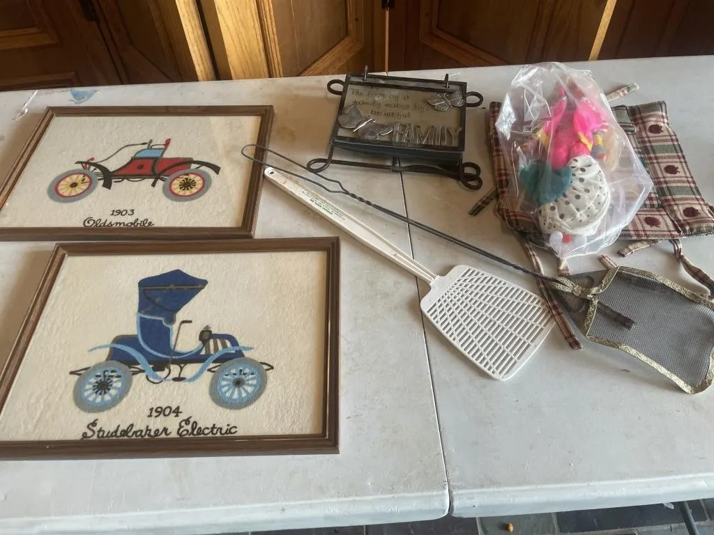 Car pictures, fly swatters, Barbie doll, misc.