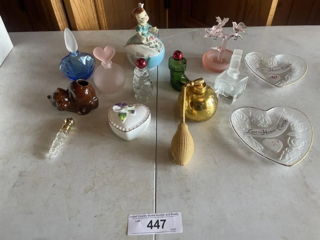Perfume bottles, ceramic trinket trays
