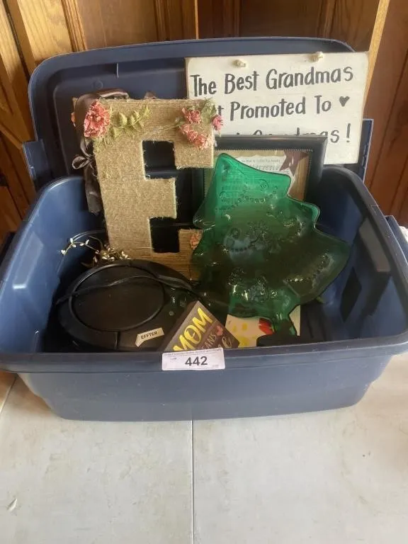 CD player, Clock radio, wall decor, plastic tote