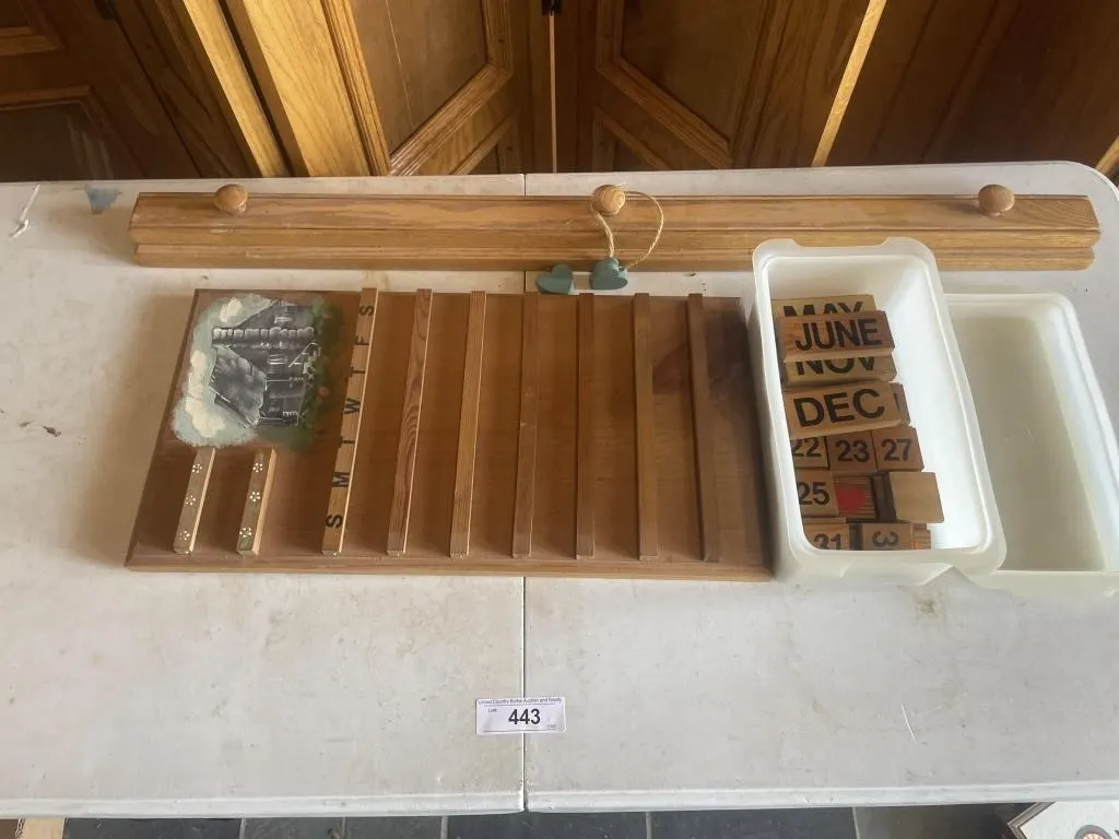 Wooden calendar, wooden coat rack, Tupperware
