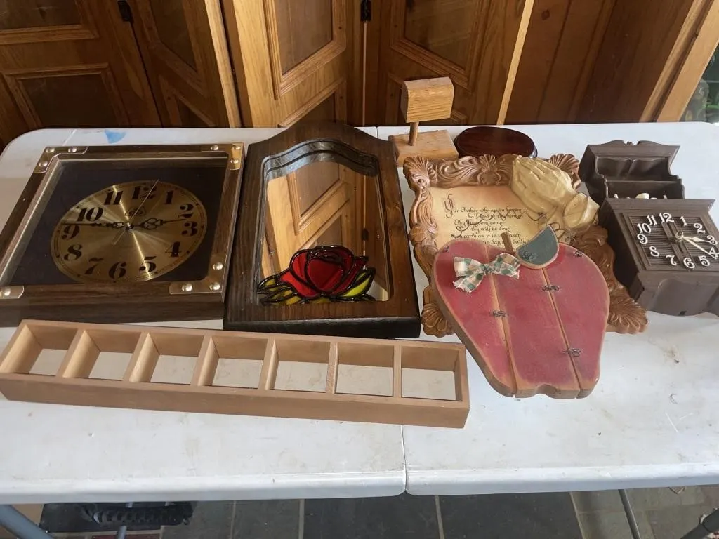 Clocks, mirrors, picture, wooden decor