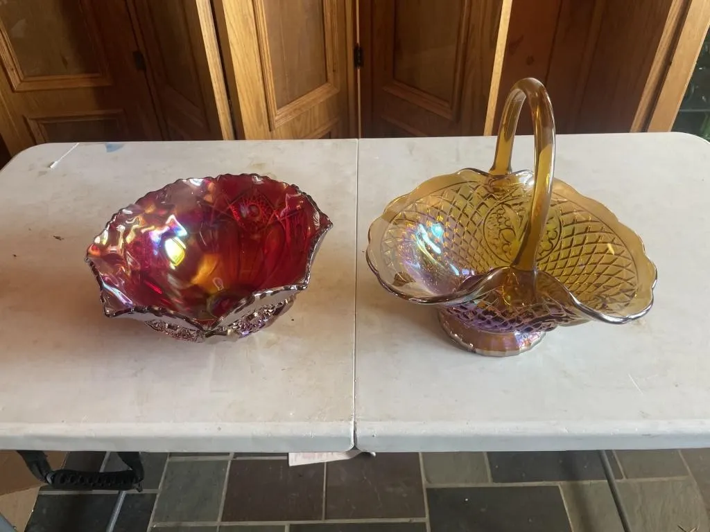 Red carnival bowl, gold carnival basket