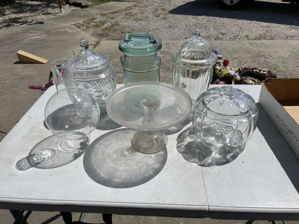 Glass cookie jars, cake stand, lamp globe