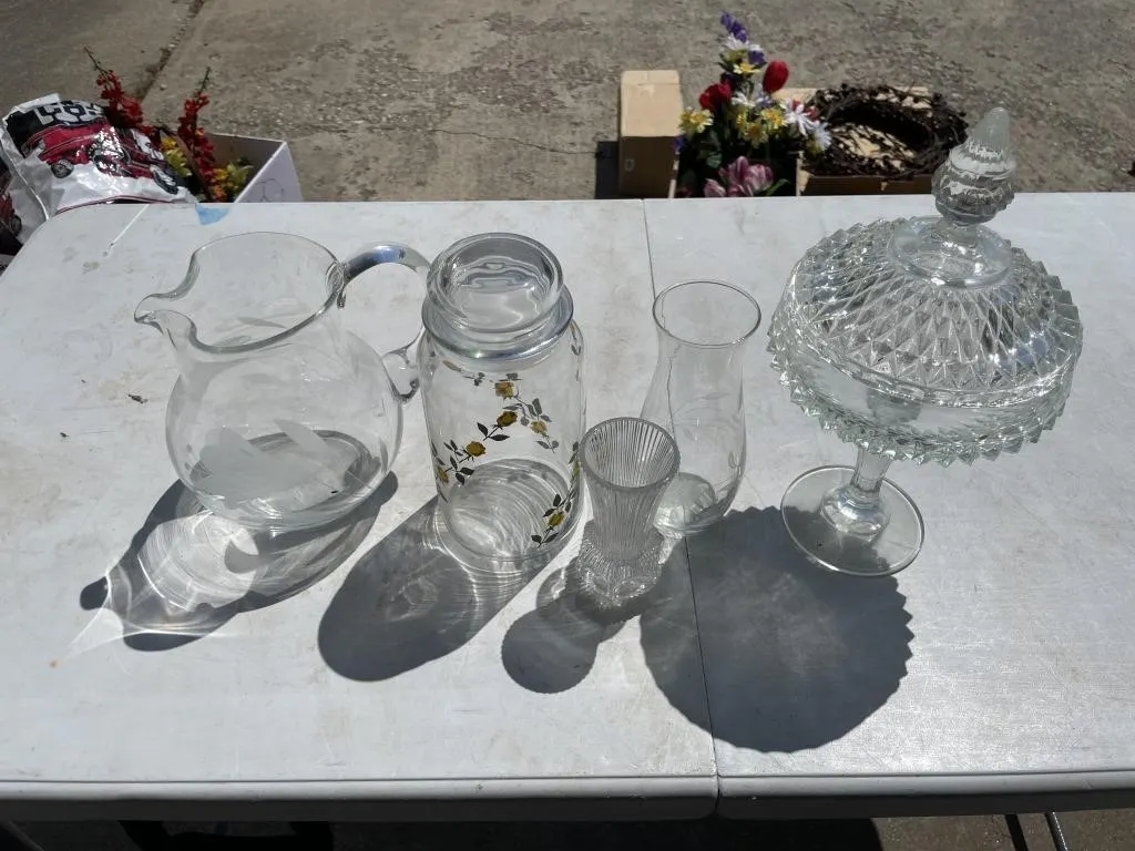 Glass pitcher, candy dish, toothpick holder, vase
