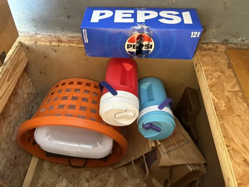 Laundry basket to lids paper bags, drinking jugs
