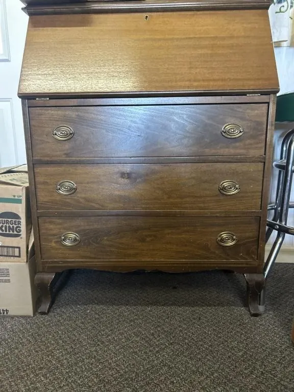 vintage wooden secretary desk with keys