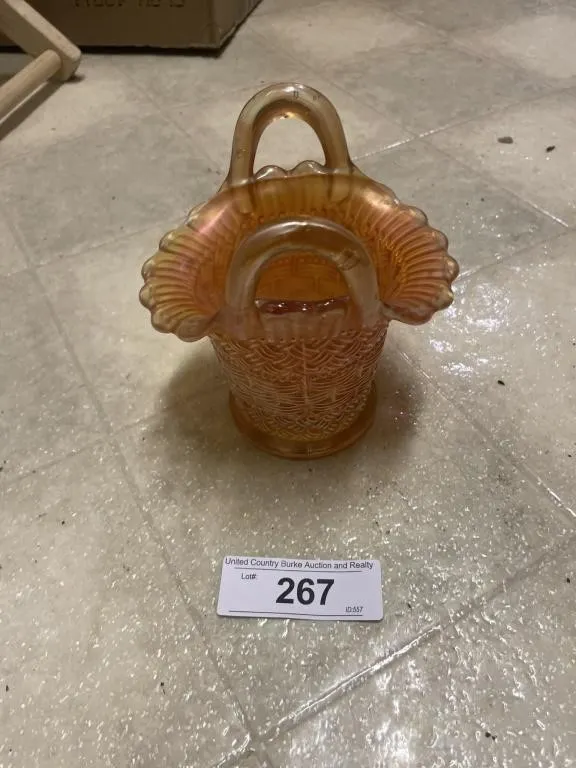 Marigold Carnival glass basket