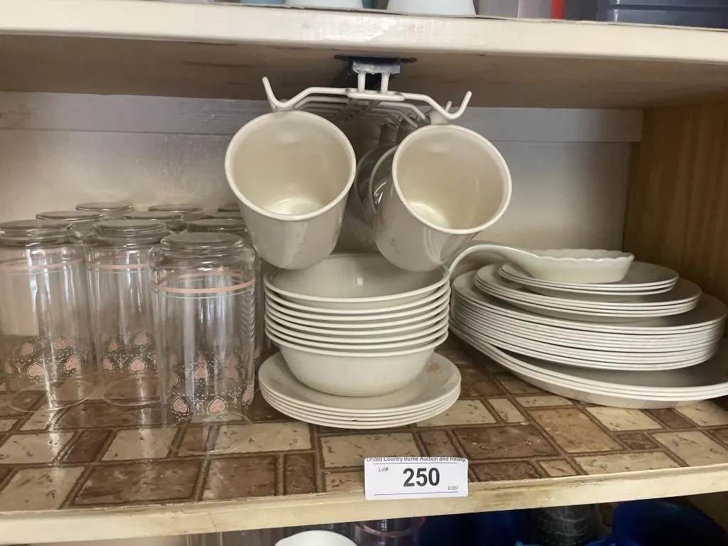 Corelle pink heart plates, mugs, glasses, bowls