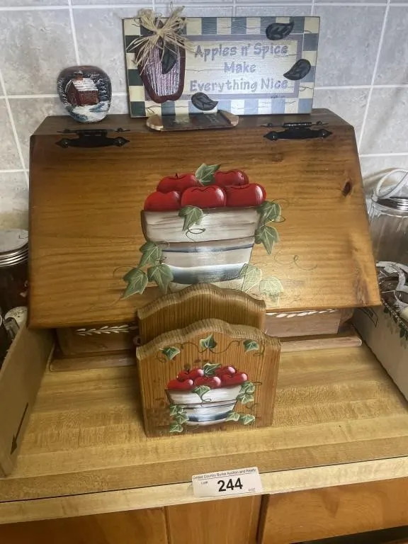 wooden bread box, napkin holder, apple decor