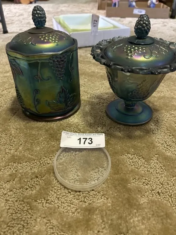 iridescent blue carnival glass canister jar And