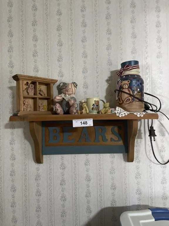 Bear items and wall shelf