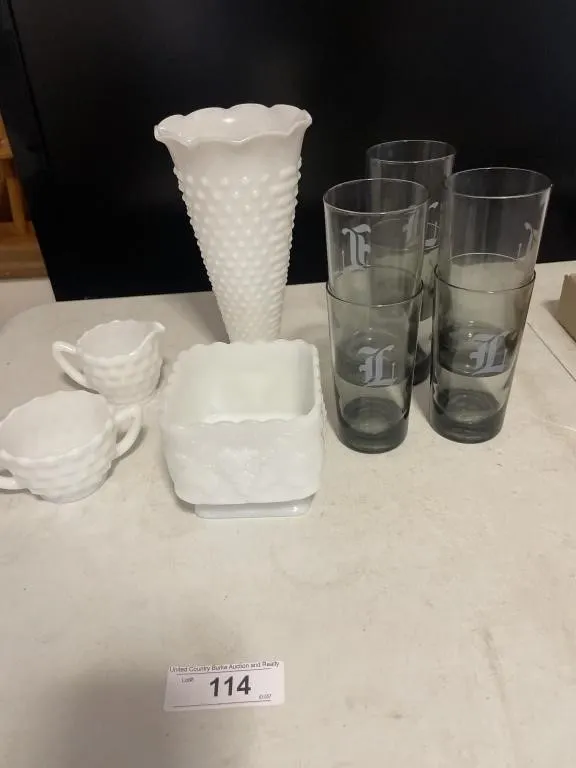 Milk, glass items, monogram drinking glasses
