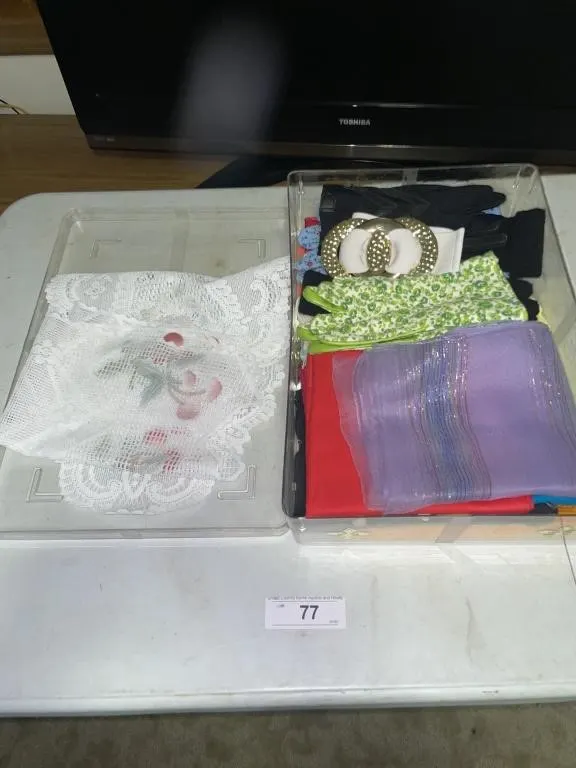 Doilies, scarf, gloves, ladies belt with plastic