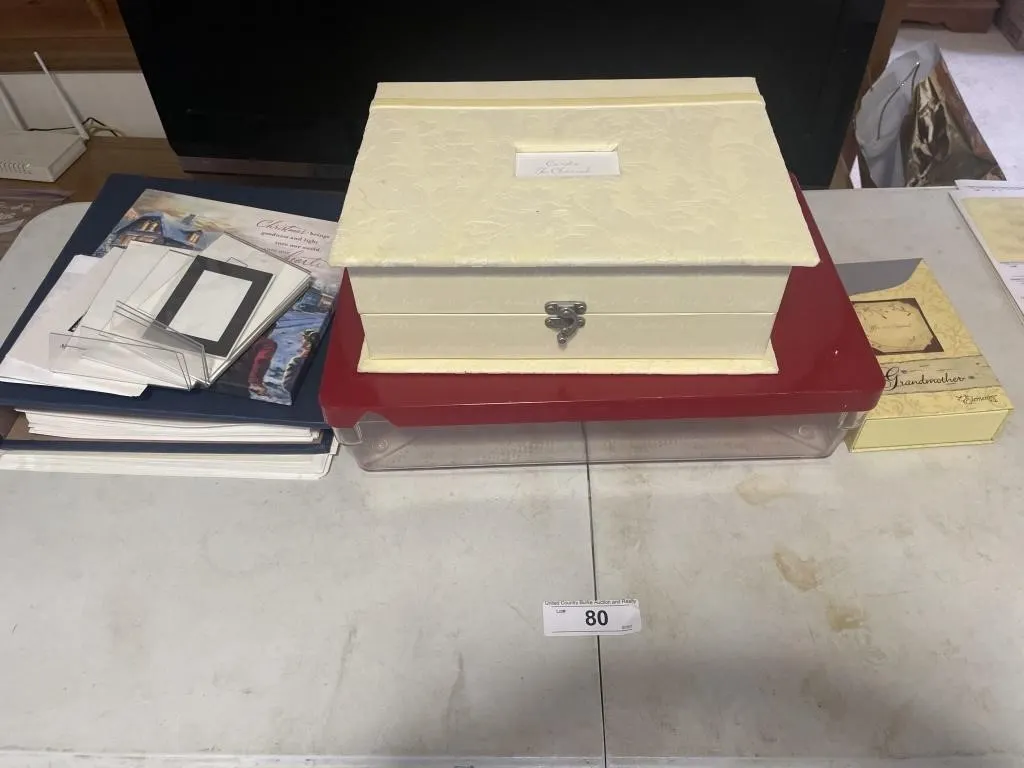 Photo albums, picture holders, plastic box, card