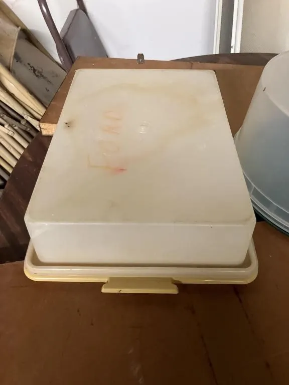 Tupperware plastic cake pan and unbranded cake