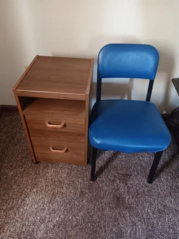 Rolling cart and with two chairs.