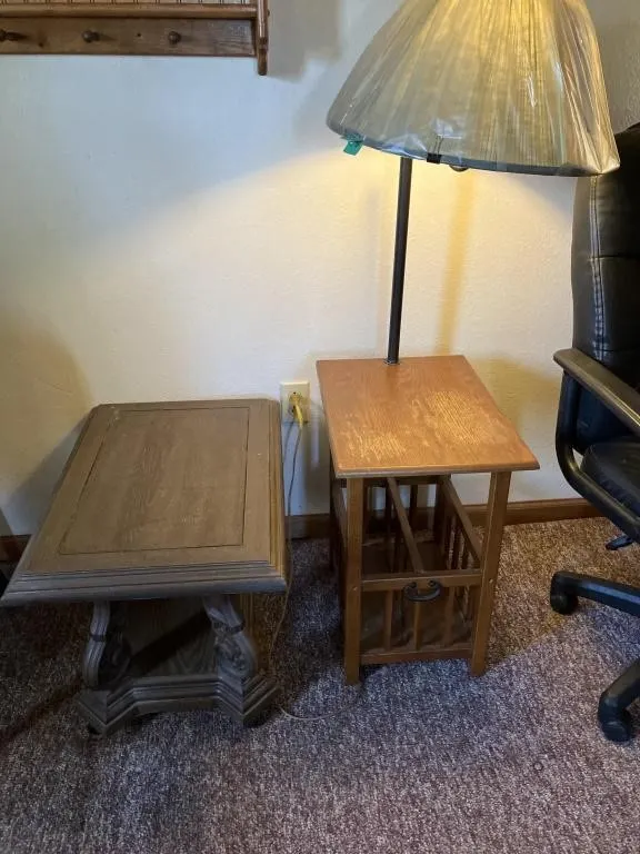 Lot of. End tables, one with attached working