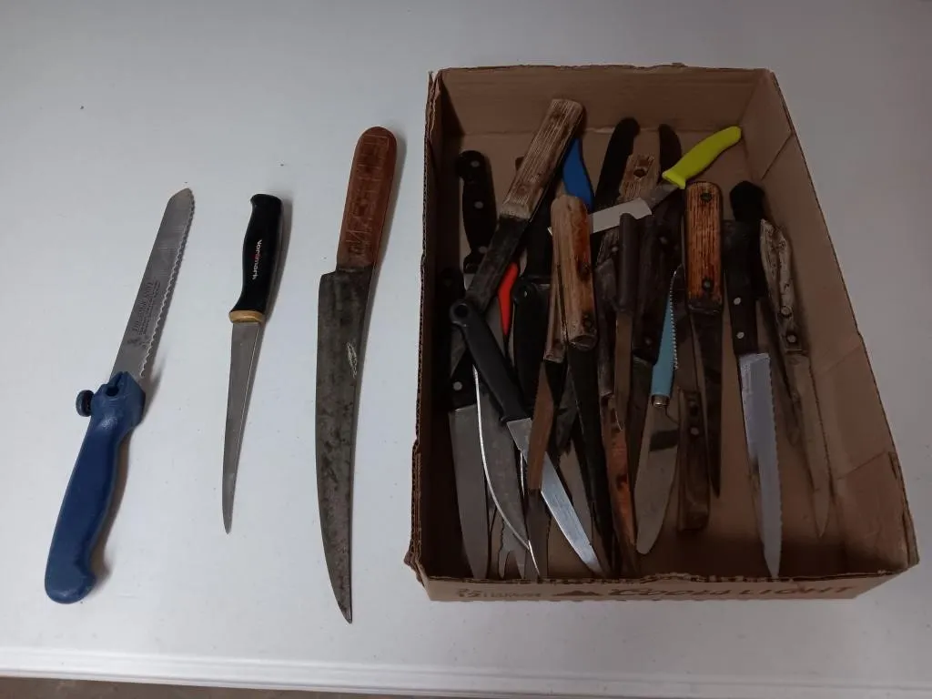 Assortment of kitchen knives.
All different