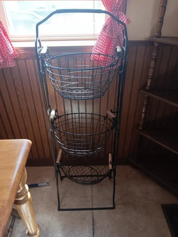Three tier metal basket stand, baskets are