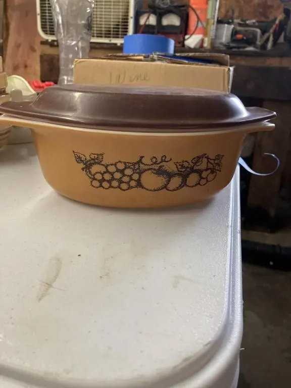 Vintage Pyrex Brown Old Orchard casserole dish