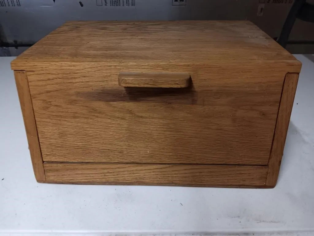 Wooden bread box..
Measurements. Approx.