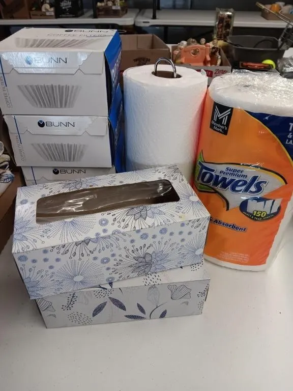Paper towels and holder, coffee filters, kleenex