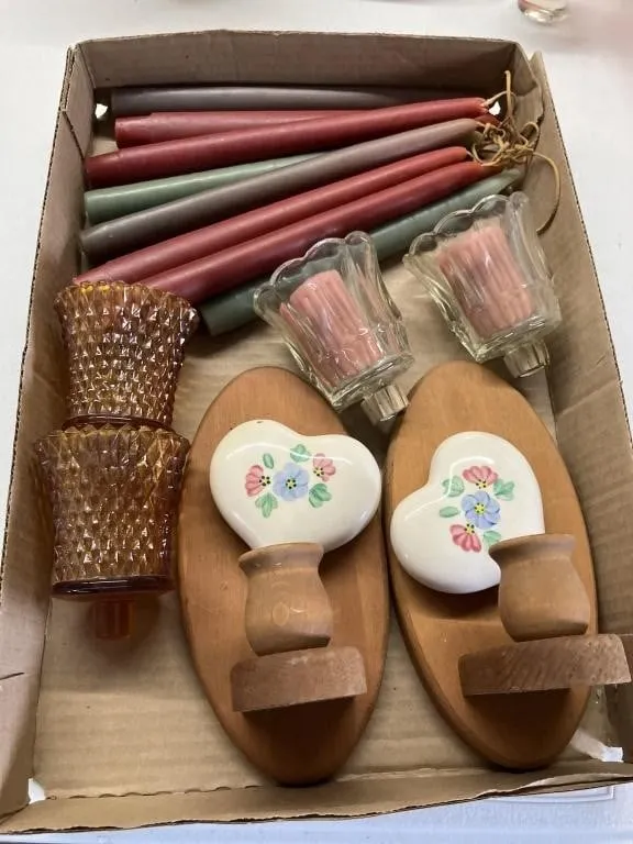 Candles, candle holders/cups, ceramic hearts wall