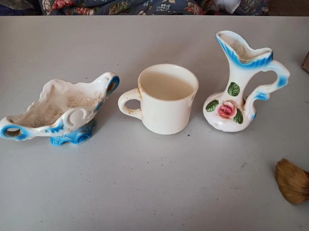 Double handle dish, pitcher, mug, brush.