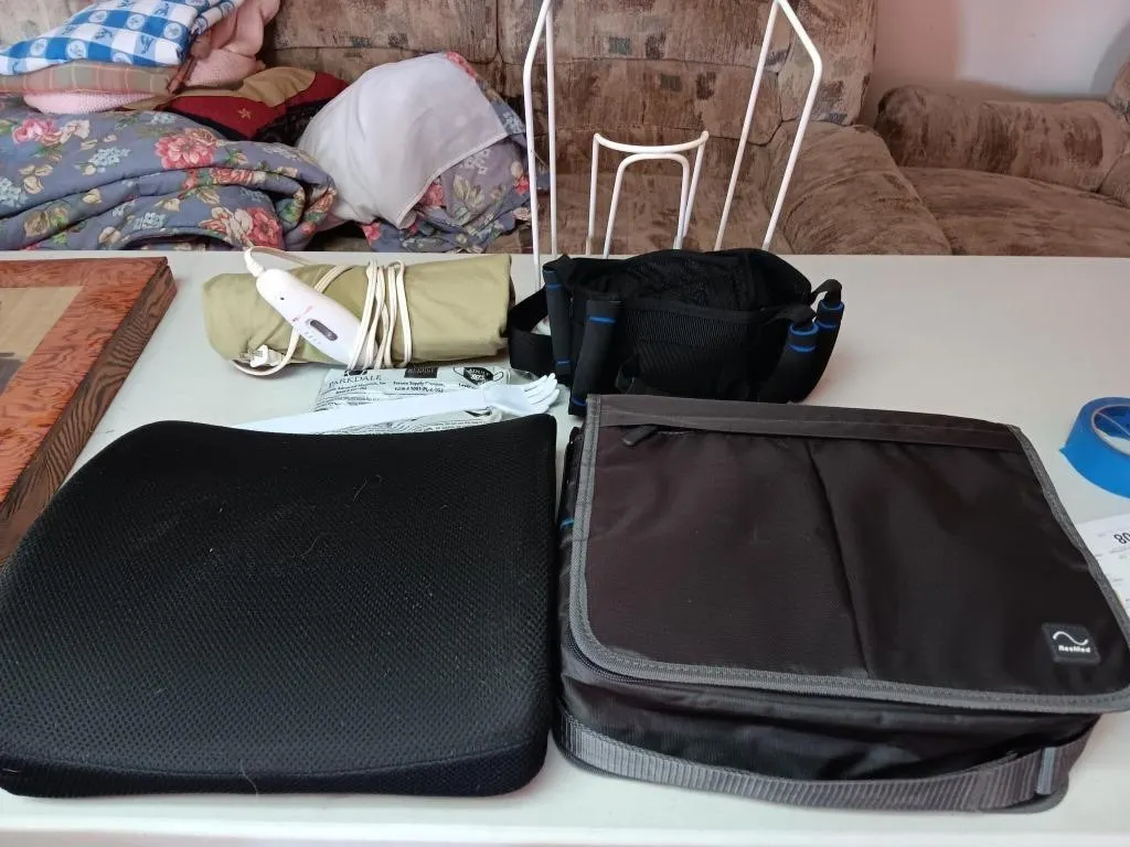 Various items, seat cushion, heating pad, case,