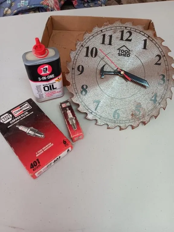 Clock, oil, spark plugs.