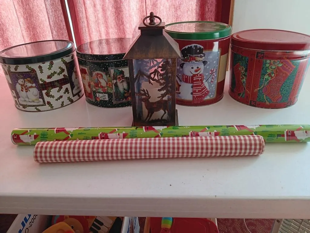 Assorted Christmas tins,ornaments,lantern and