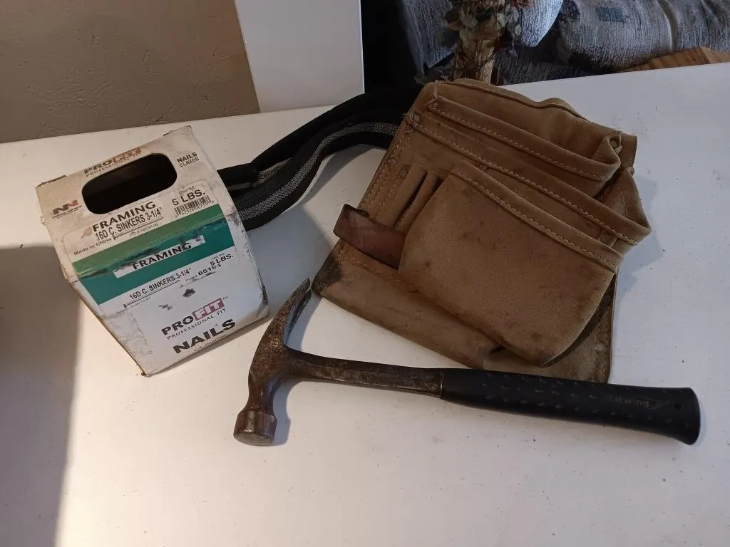 Tool belt, Estwing hammer, nails.