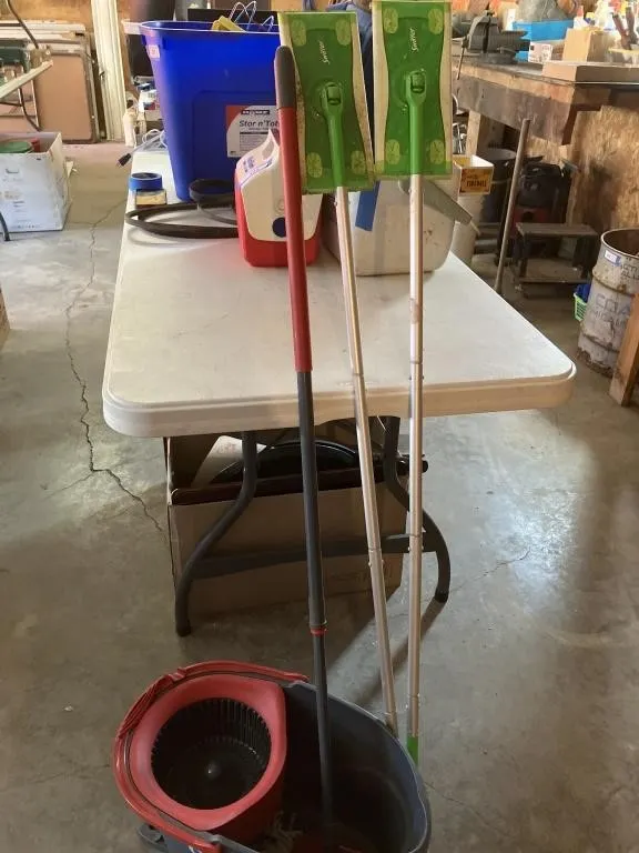 O-Cedar spin mop, bucket & two Swiffer mops