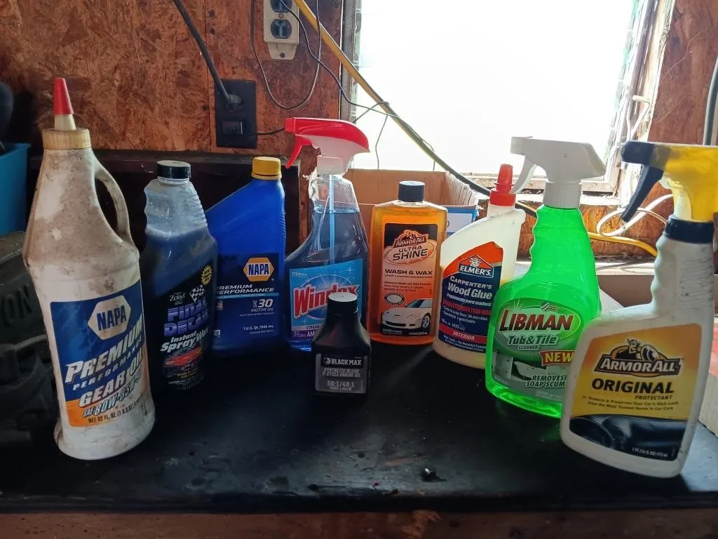 Car cleaners, tub and glass cleaner, oils, and