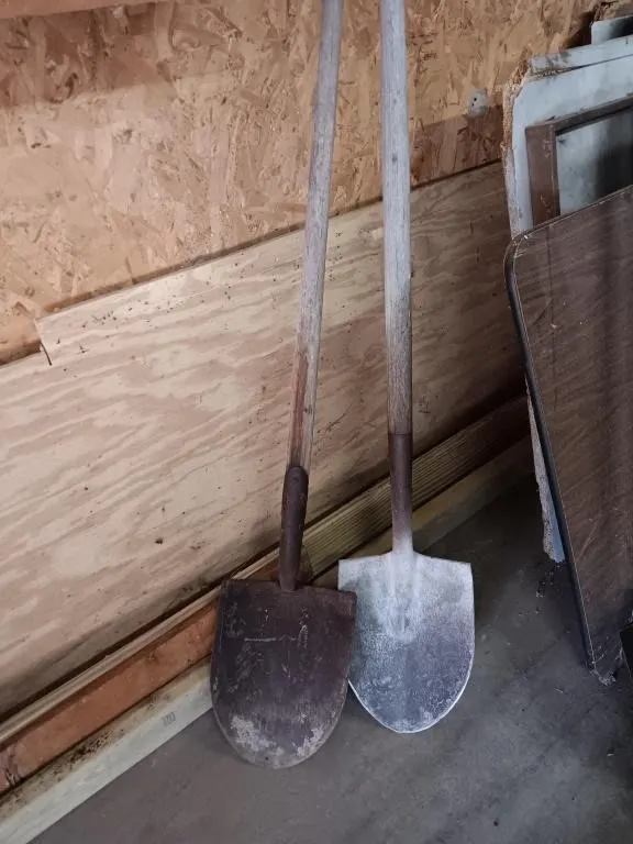 Shovels with wooden handles.