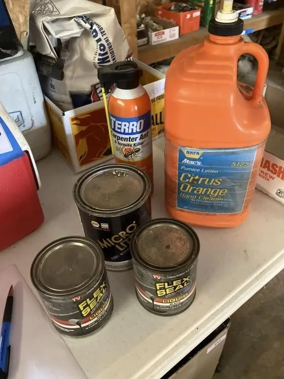 Flex seal, body filler, Terro ant, and hand