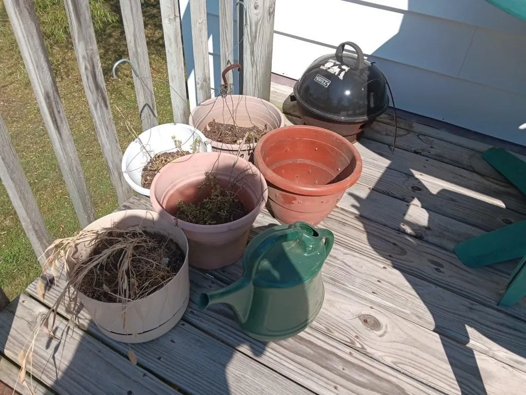 Flower Pots, Plastic Watering Can & Backyard