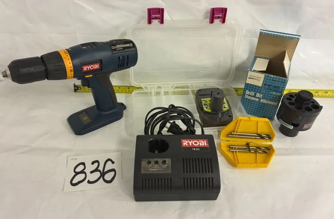 Ryobi 18V Drill, Charger, Drill Bits, etc.
