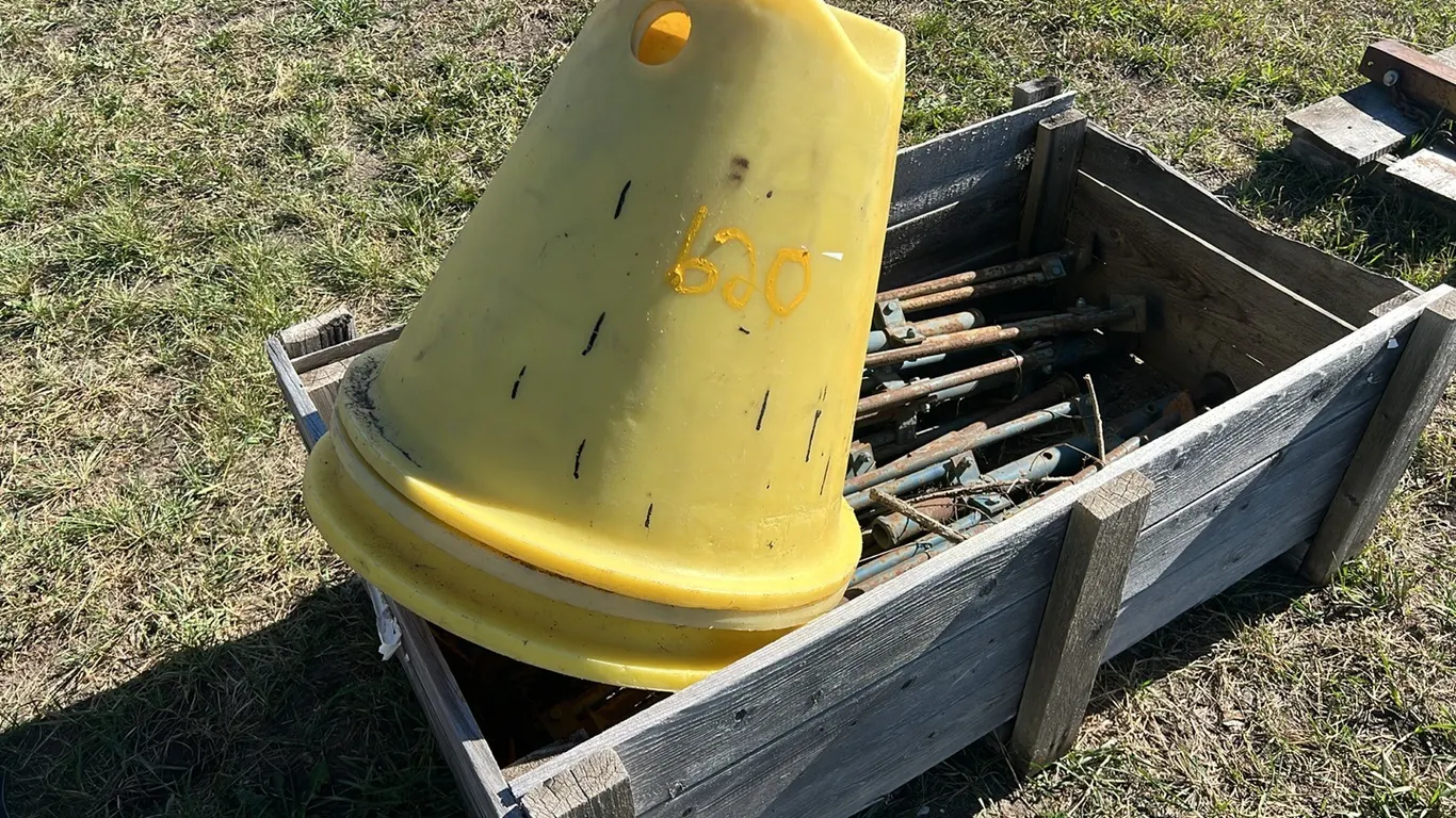(3) Poly Pipeline Cones and Large Assortment of Metal Tripod Stands