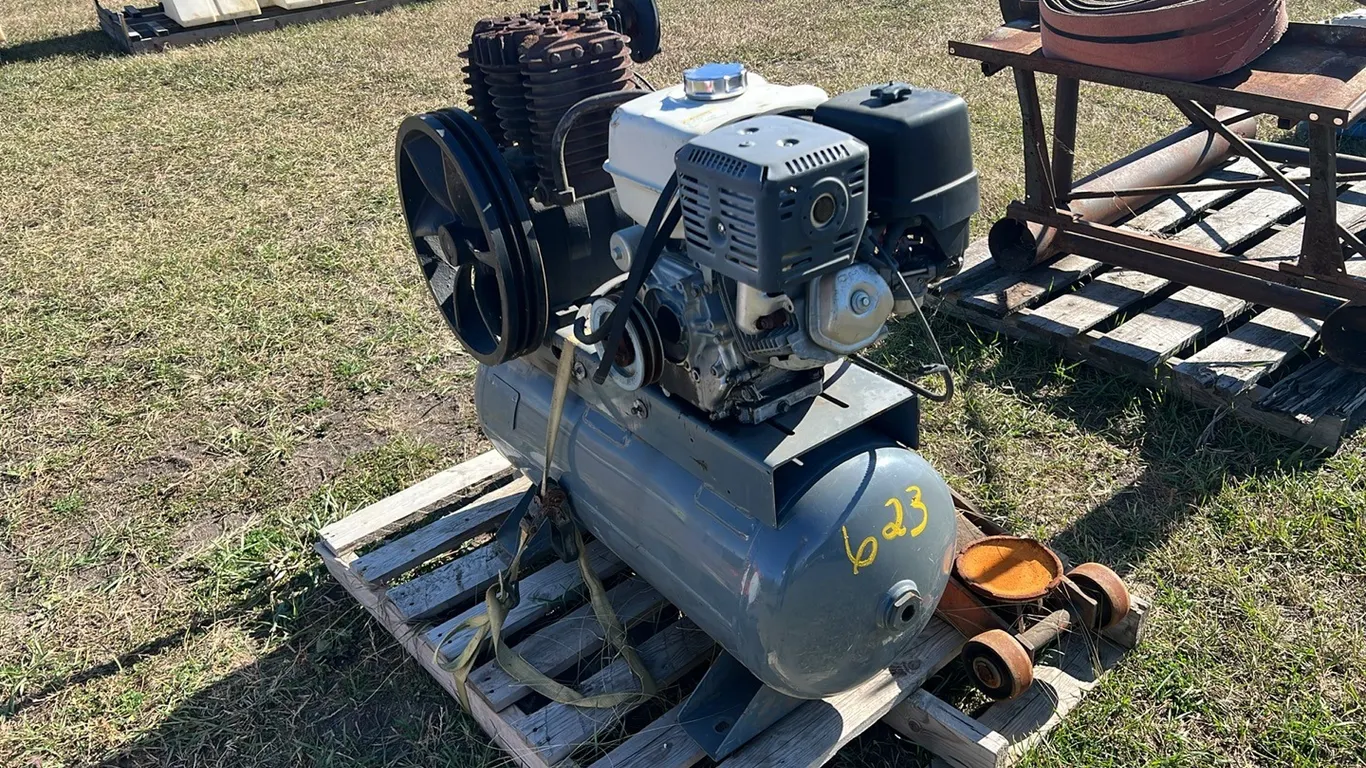 Approximatley 60 Gallon DUI Single Piston Air Compressor with Honda GX Gas Engine and StongArm F80 Hydraulic Floor Jack