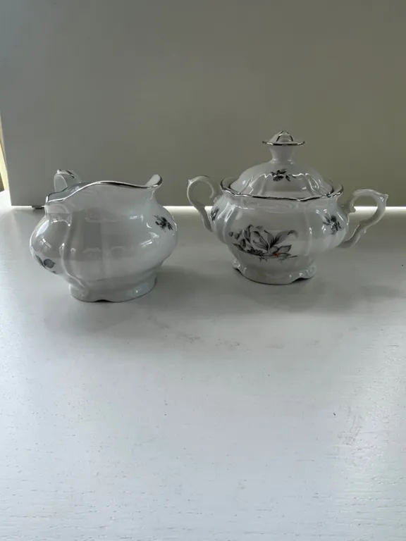 Bohemian Czechoslovakia Wild Flower Sugar Bowl and Creamer Set