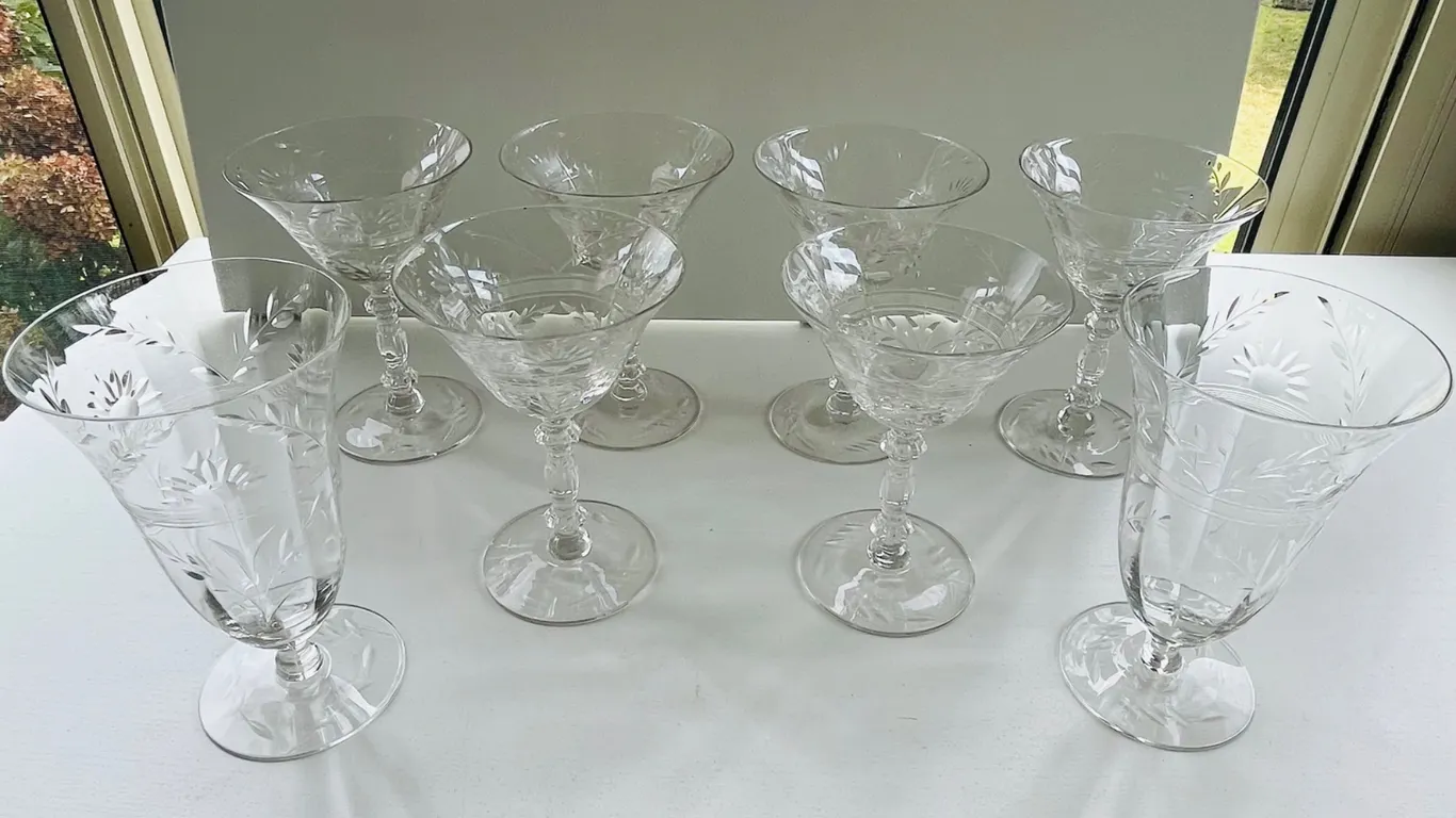 Etched Glass Stemware Lot (8 Pieces)