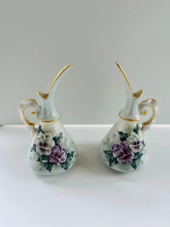 Pair of Hand-Painted Pansy Floral Porcelain Ewer Vases