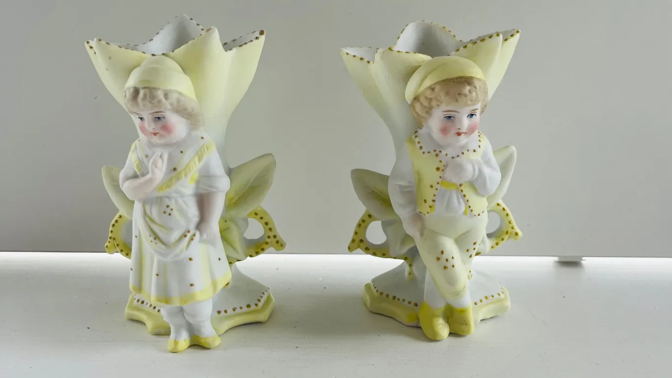 Pair of Victorian Bisque Porcelain Figurative Vases
